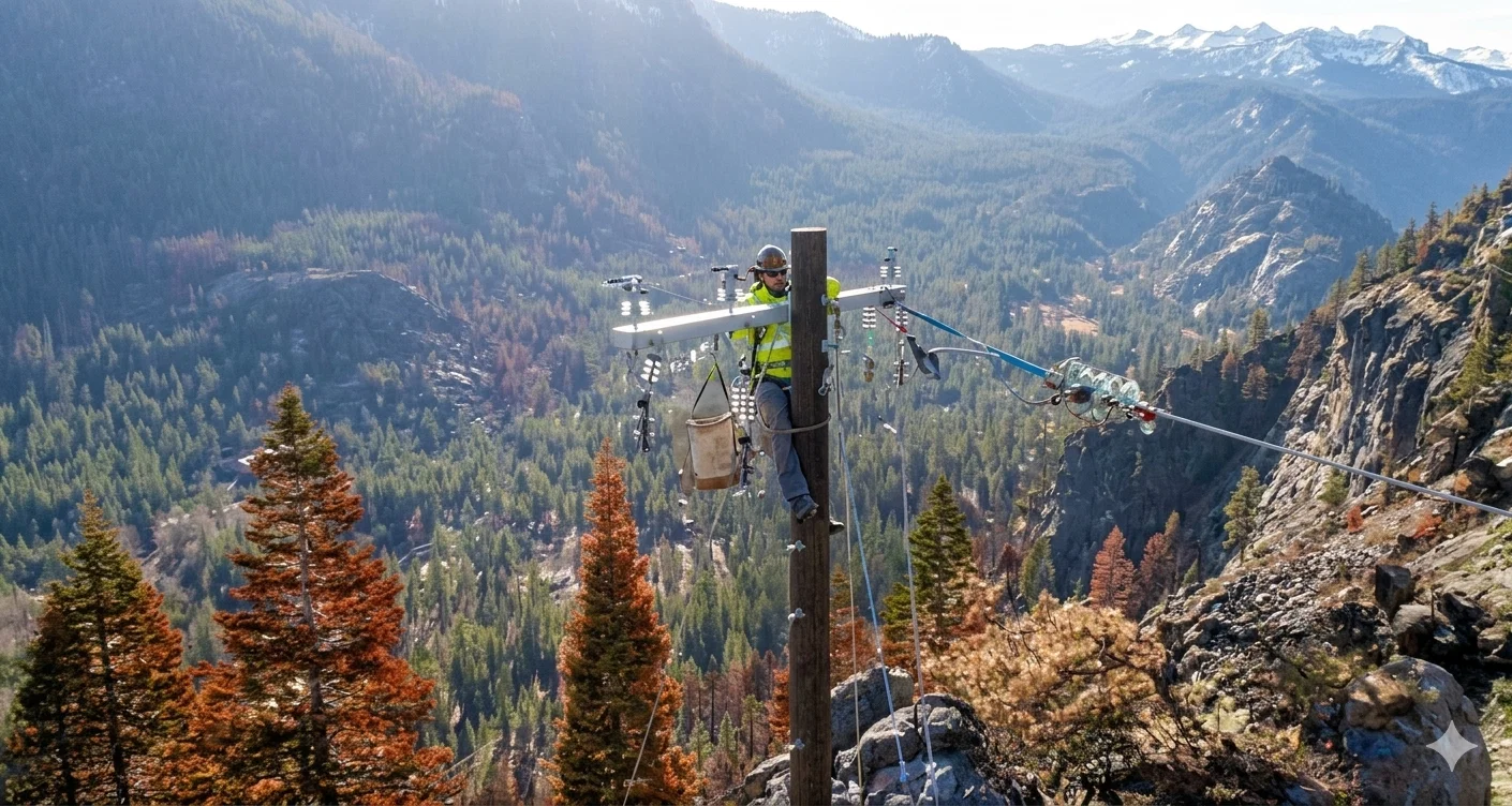 Lineworker on power pole during overhead electrical distribution construction in Sierra Nevada terrain — SLC engineer-of-record project