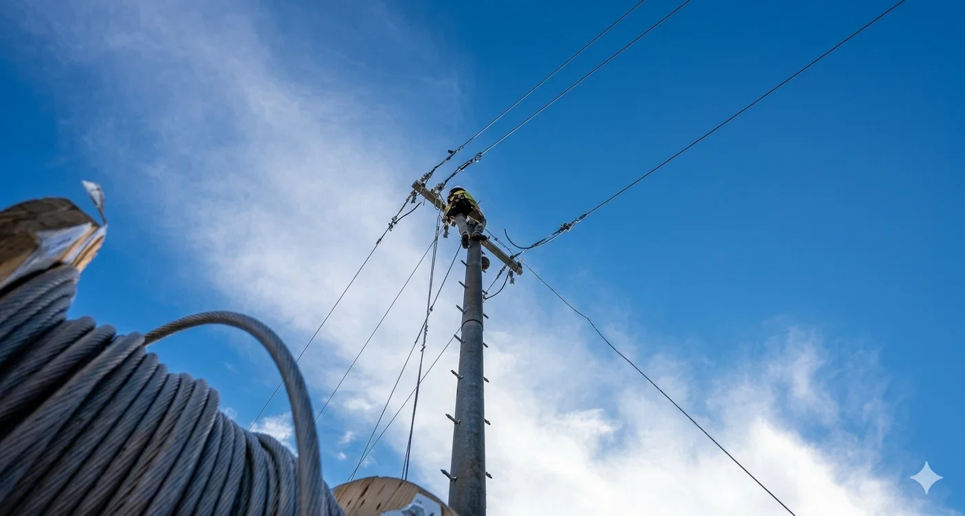 Lineworker on overhead distribution pole, cable spool foreground